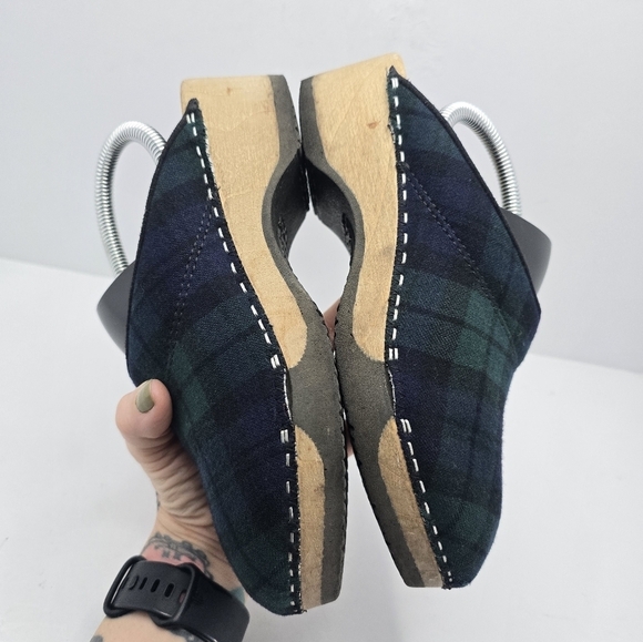 Vintage | Bohemian navy green plaid CottageCore platform clogs shoes | WMS 5.5 - Picture 13 of 14